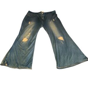 4X Wide-Leg Distressed fake jeans leggings easy pull on elastic waist